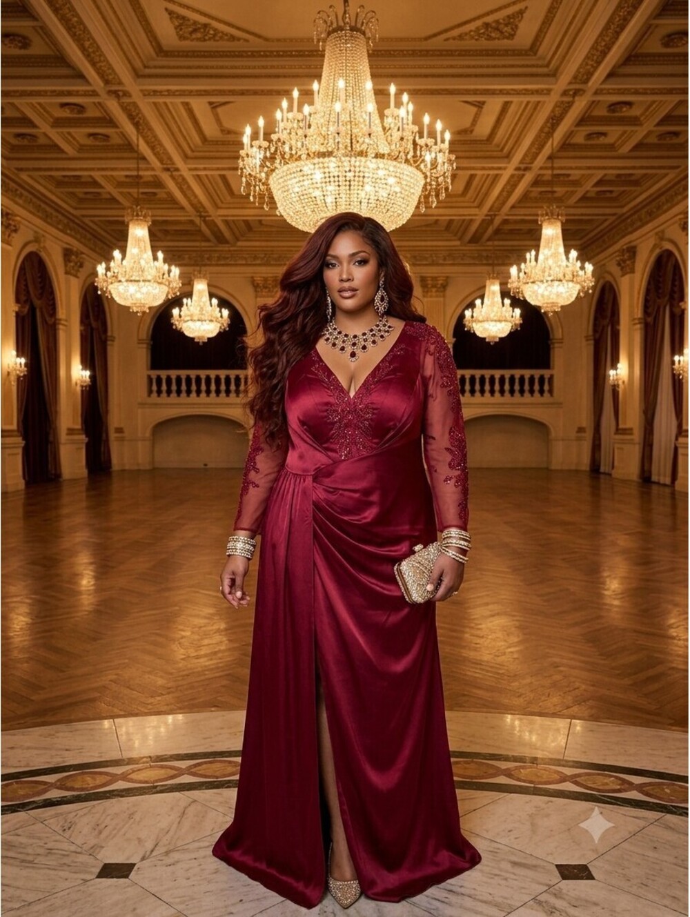 NWT May Queen MQ2008 Burgundy Satin Evening Gown Dress Beaded Slit Plus Size 16